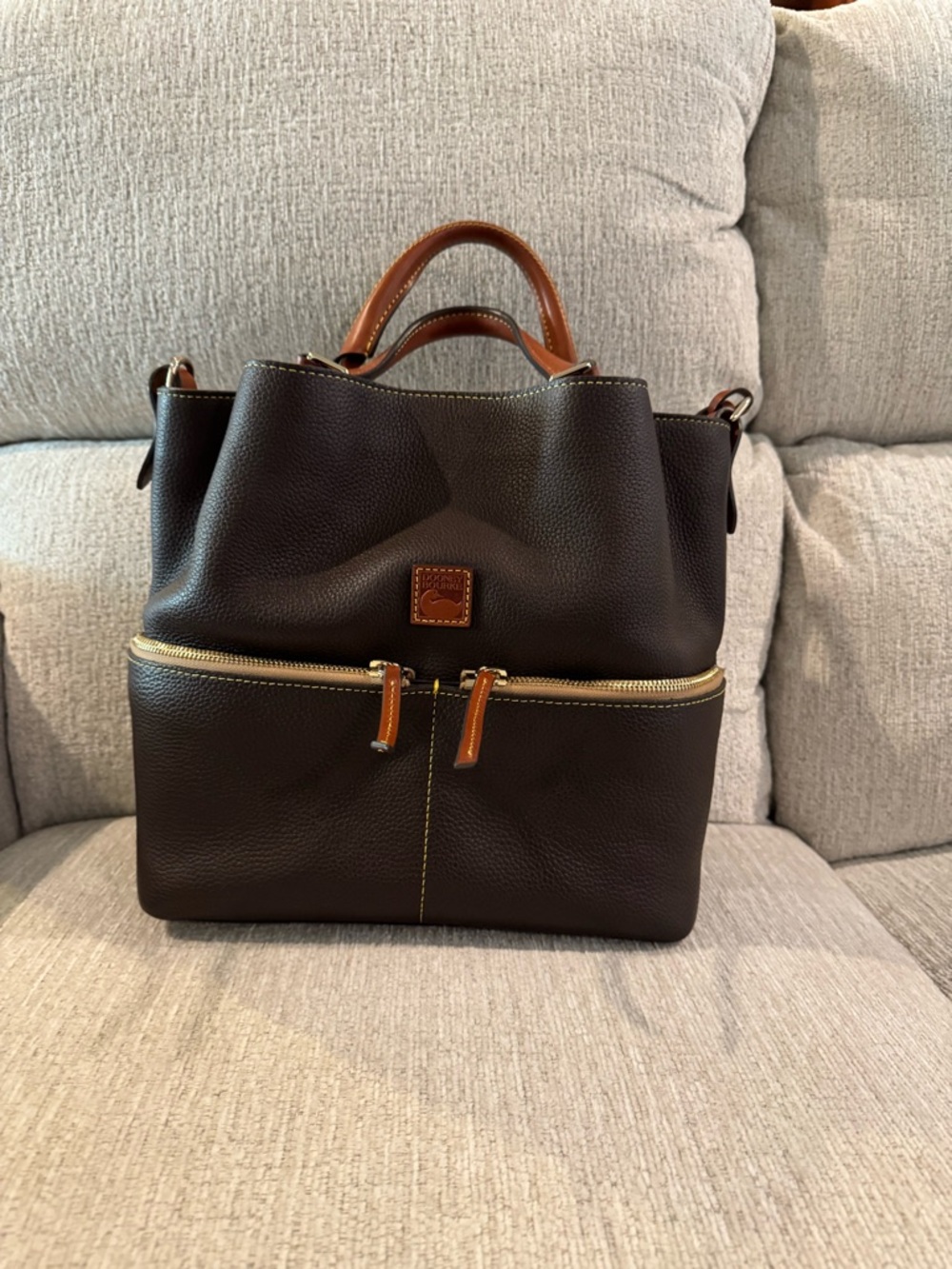 Dooney & Bourke Dark Brown Pebble Leather Satchel with Tan Trim